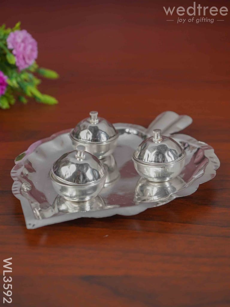 German Silver Leaf Shaped Haldi/Kumkum Holder With 3 Cups - Wl3592 Pooja Utility