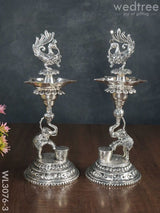 German Silver Peacock With Elephant 5 Face Diya - Set Of 2 Wl3076 3 Diyas