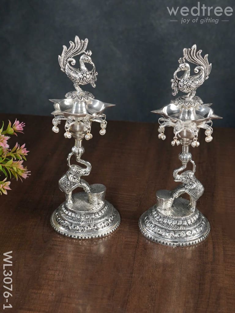 German Silver Peacock With Elephant 5 Face Diya - Set Of 2 Wl3076 Diyas