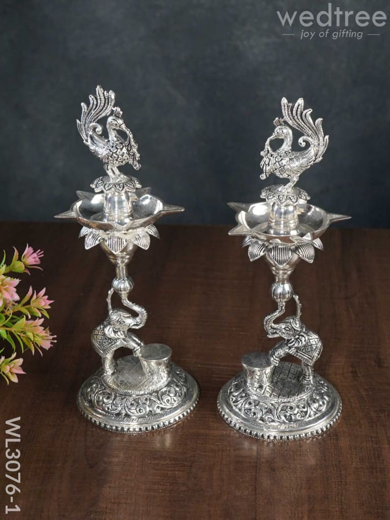 German Silver Peacock With Elephant 5 Face Diya - Set Of 2 Wl3076 Diyas