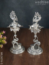 German Silver Peacock With Elephant 5 Face Diya - Set Of 2 Wl3076 Diyas