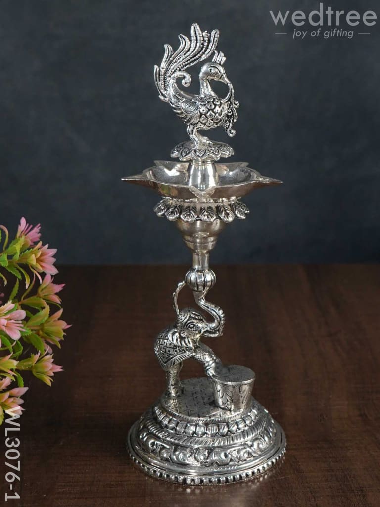 German Silver Peacock With Elephant 5 Face Diya - Set Of 2 Wl3076 Diyas