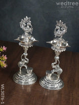 German Silver Peacock With Elephant 5 Face Diya - Set Of 2 Wl3076 Diyas