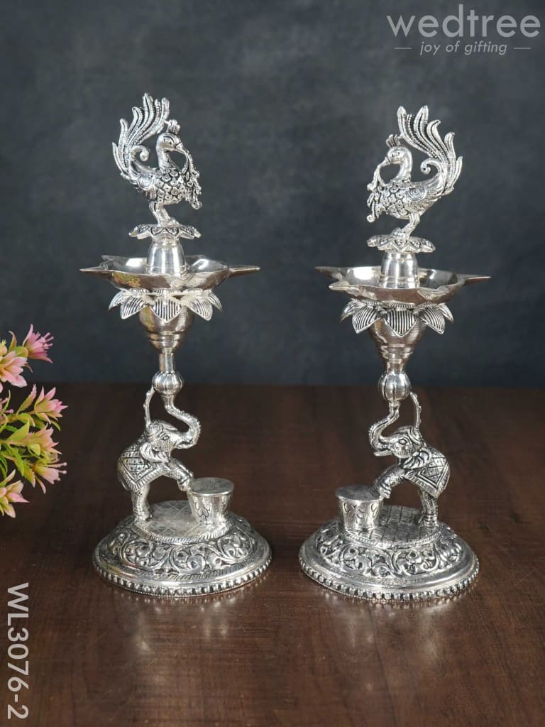 German Silver Peacock With Elephant 5 Face Diya - Set Of 2 Wl3076 Diyas