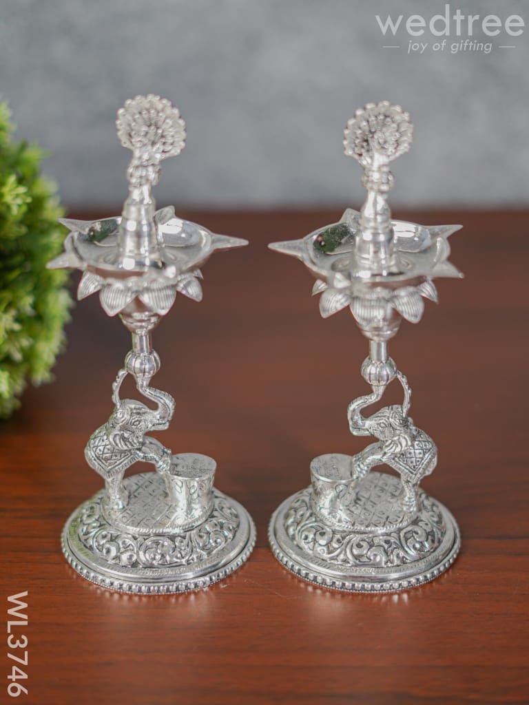 German Silver Peacock With Elephant 5 Face Diya - Set Of 2 Wl3746 Diyas