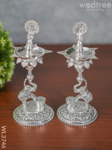 German Silver Peacock With Elephant 5 Face Diya - Set Of 2 Wl3746 Diyas