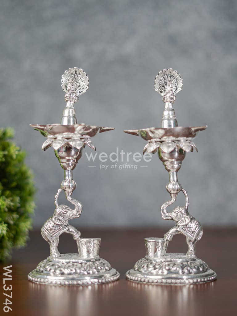 German Silver Peacock With Elephant 5 Face Diya - Set Of 2 Wl3746 Diyas