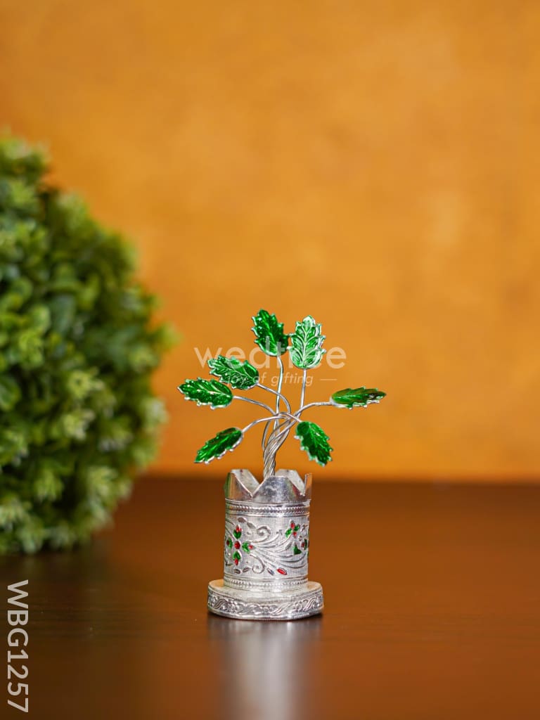 German Silver Tulasi Maadam With Green Leaves - Wbg1257 Pooja Utilities