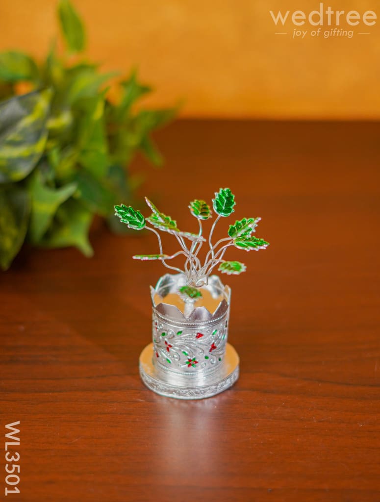 German Silver Tulasi Maadam With Green Leaves - 5 Inch Wl3501 Pooja Utility