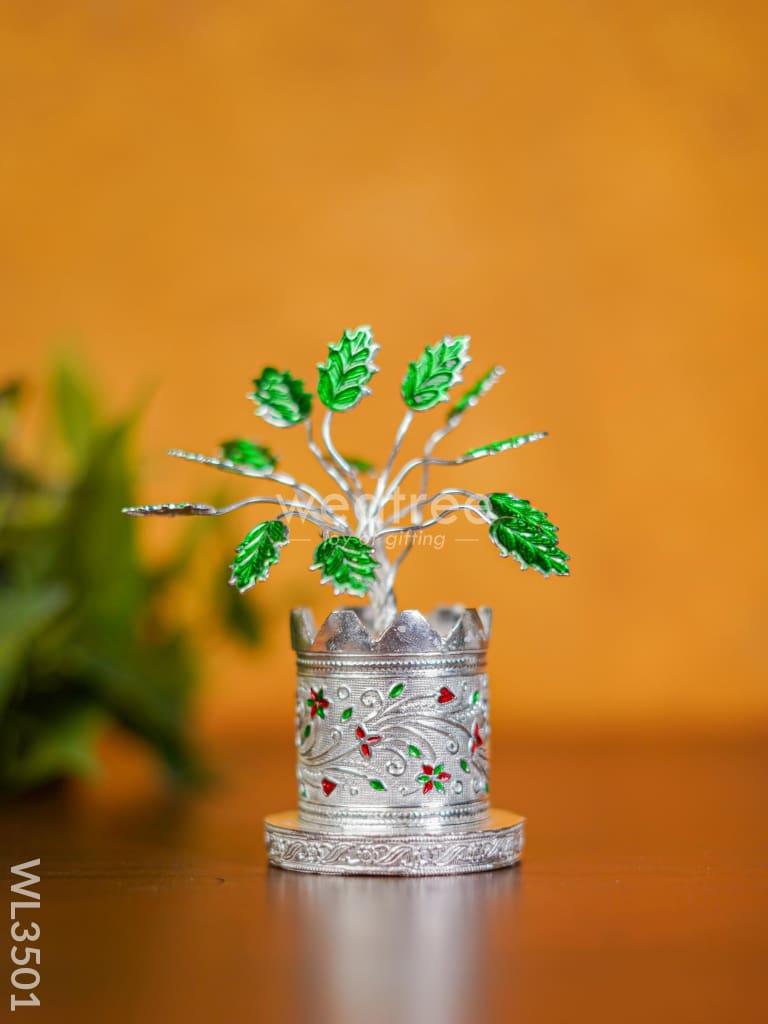 German Silver Tulasi Maadam With Green Leaves - 5 Inch Wl3501 Pooja Utility