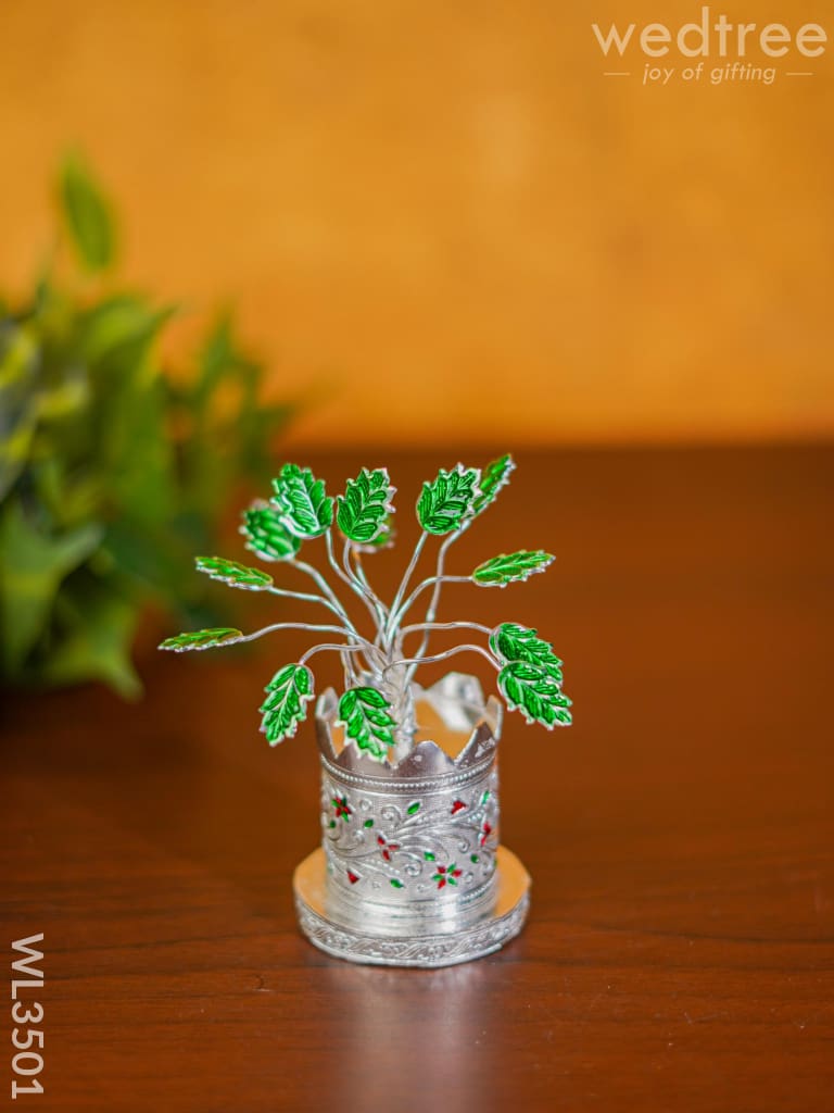 German Silver Tulasi Maadam With Green Leaves - 5 Inch Wl3501 Pooja Utility