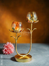 Gold Foil Stand With 2 Cracked Glass Candle Holder - Wl3938 Candles & Votives