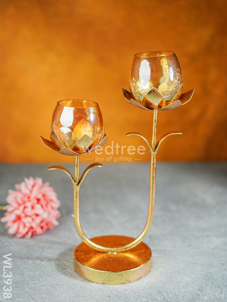 Gold Foil Stand With 2 Cracked Glass Candle Holder - Wl3938 Candles & Votives