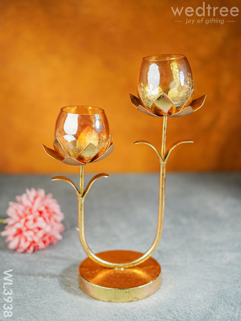 Gold Foil Stand With 2 Cracked Glass Candle Holder - Wl3938 Candles & Votives