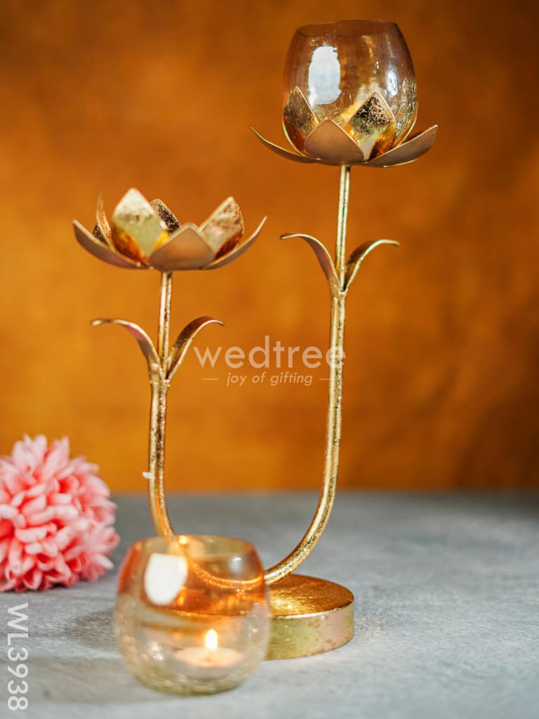 Gold Foil Stand With 2 Cracked Glass Candle Holder - Wl3938 Candles & Votives