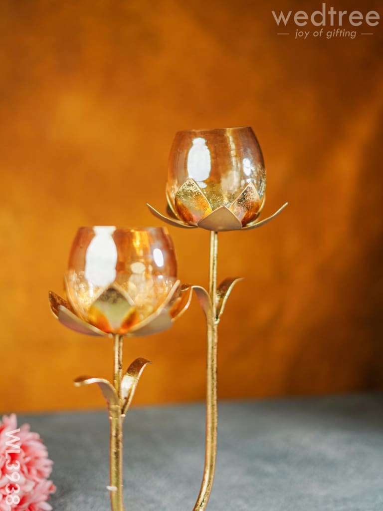 Gold Foil Stand With 2 Cracked Glass Candle Holder - Wl3938 Candles & Votives