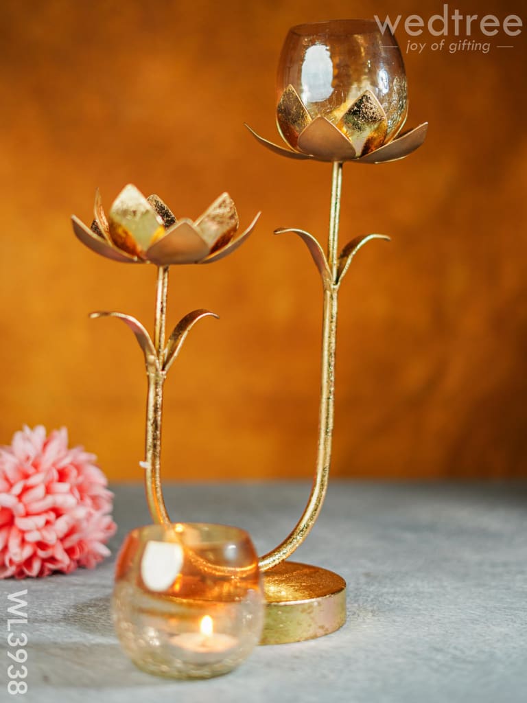 Gold Foil Stand With 2 Cracked Glass Candle Holder - Wl3938 Candles & Votives