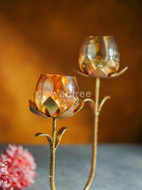 Gold Foil Stand With 2 Cracked Glass Candle Holder - Wl3938 Candles & Votives