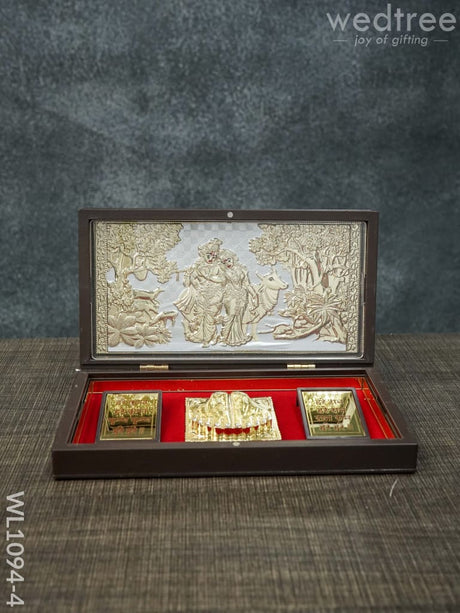 Gold Plated Prayer Box Large - Wl1094 Radhekrishna With Cow Paduka