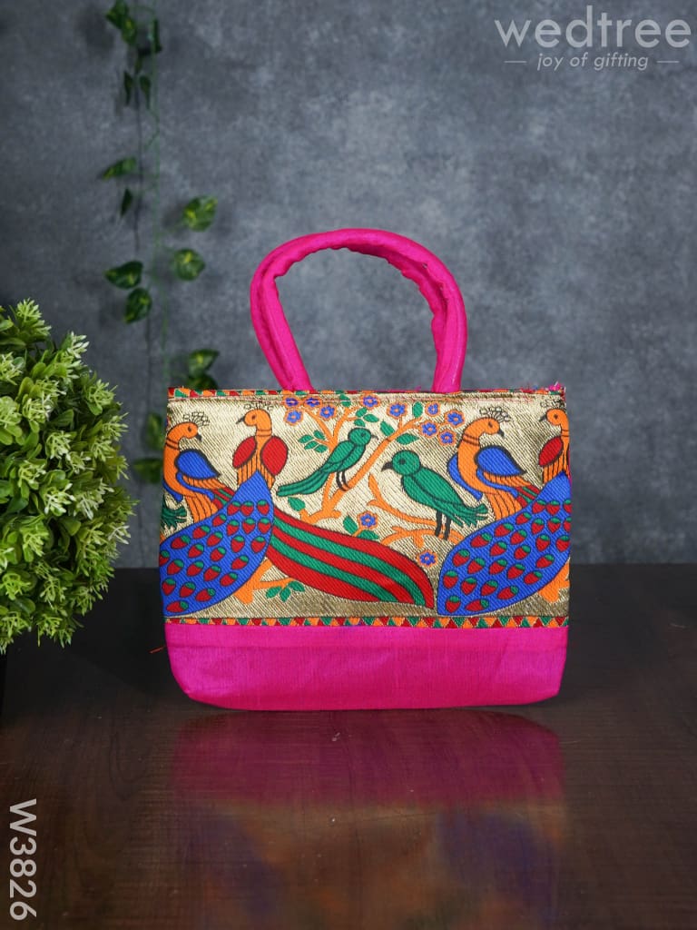 Hand Bag Raw Silk With Peacock Design - W3826 Bags