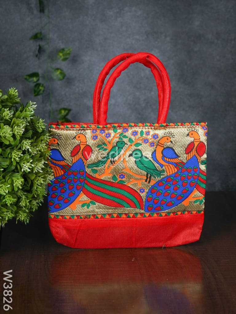 Hand Bag Raw Silk With Peacock Design - W3826 Bags