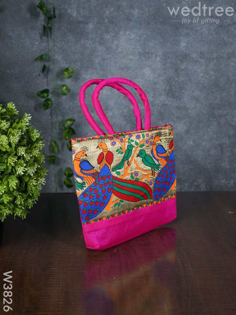 Hand Bag Raw Silk With Peacock Design - W3826 Bags