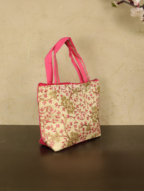 Hand bag with leaf and floral embroidery design - W4580