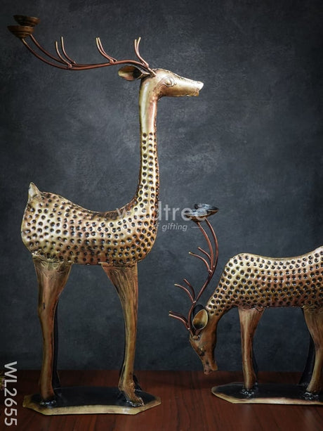 Hand Painted Deer Candle Stand - Set Of 2 Wl2655 Metal Decor Showpiece