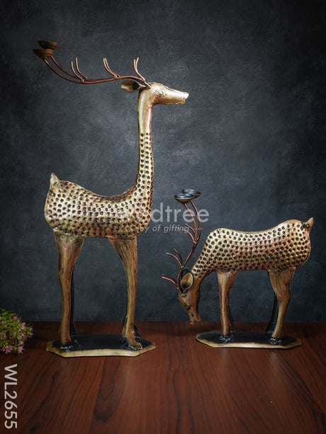 Hand Painted Deer Candle Stand - Set Of 2 Wl2655 Metal Decor Showpiece