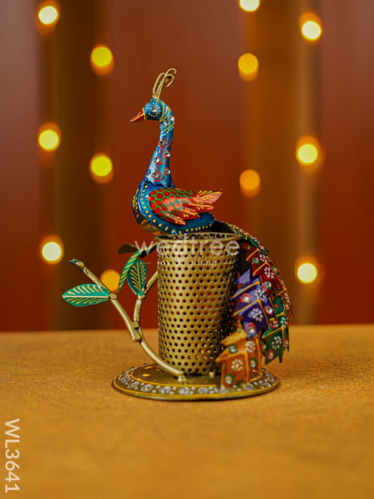 Hand Painted Peacock Pen Stand - Wl3641 Metal Decor Utility