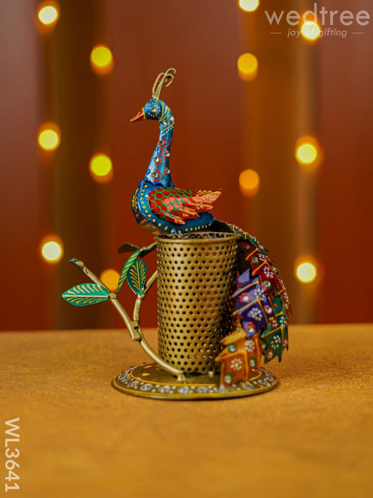 Hand Painted Peacock Pen Stand - Wl3641 Metal Decor Utility