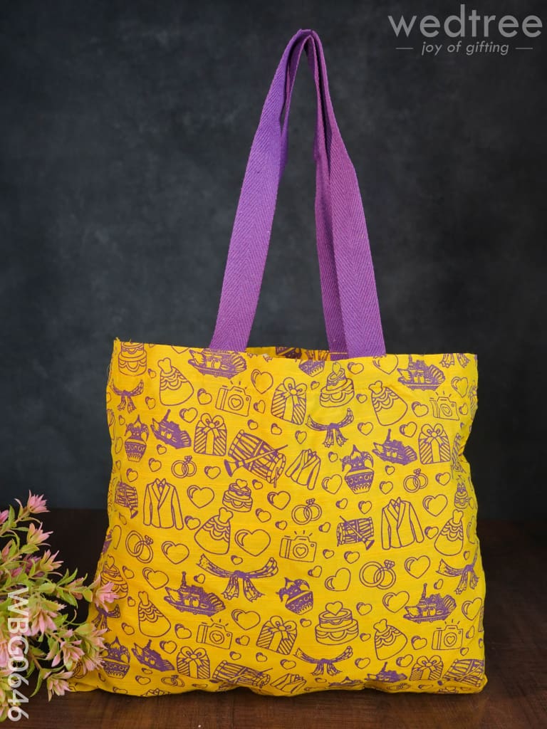 Handbag Yellow Silk Fabric With Purple Handle (11 X 13) - Wbg0646 Hand Bags