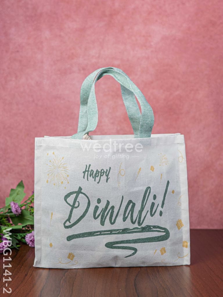 Happy Diwali Printed Jute Bag With Colour Handle - Wbg1141-2 Bags