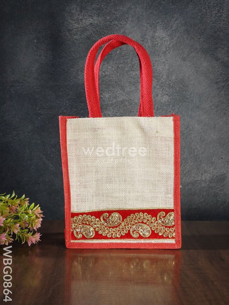 Jute Bag With Golden Embroidery - 9 Inch Wbg0864 Bags