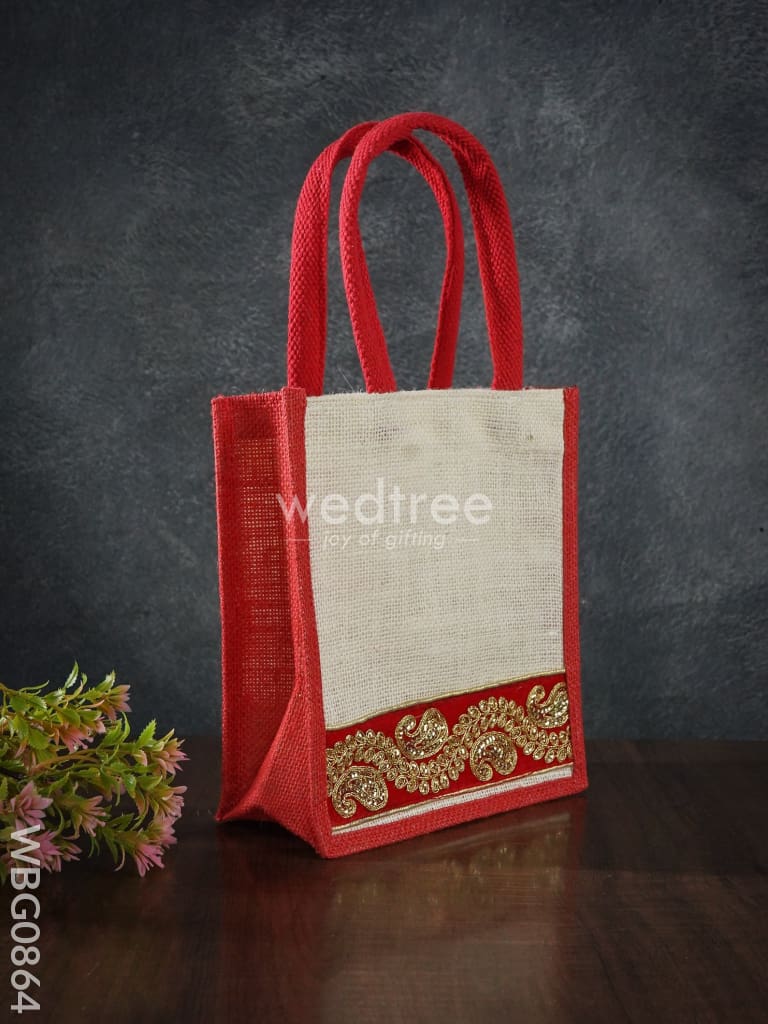 Jute Bag With Golden Embroidery - 9 Inch Wbg0864 Bags