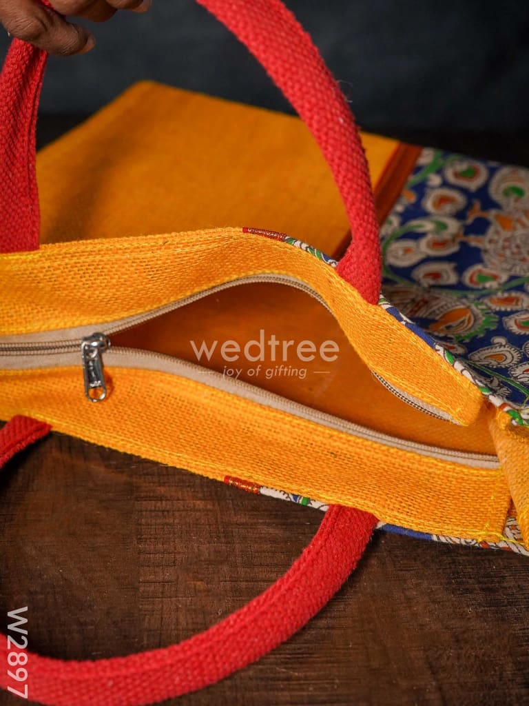 Jute Bag With Zari Lace & Kalamkari Fabric - W2897 Bags