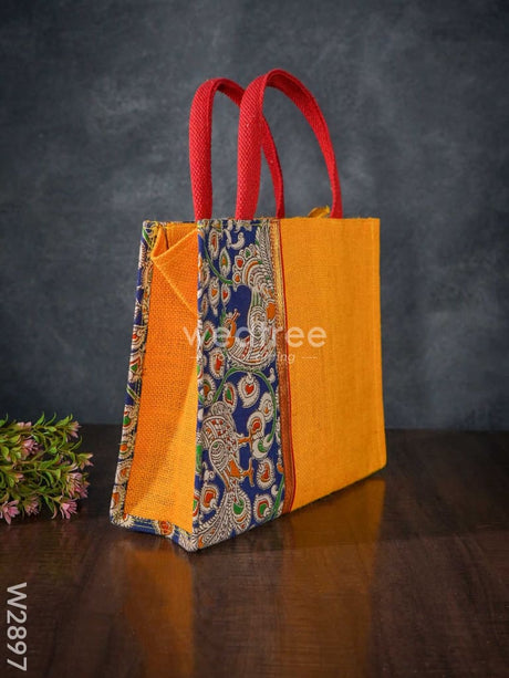 Jute Bag With Zari Lace & Kalamkari Fabric - W2897 Bags