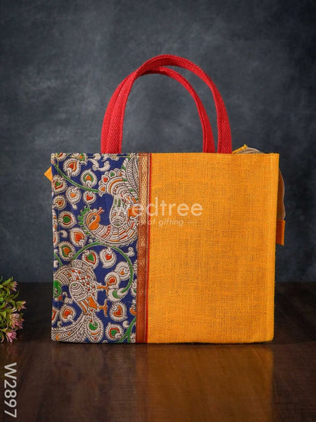 Jute Bag With Zari Lace & Kalamkari Fabric - W2897 Bags