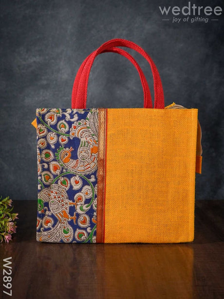 Jute Bag With Zari Lace & Kalamkari Fabric - W2897 Bags