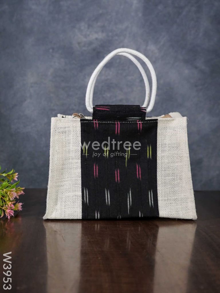 Jute Lunch Bag With Ikkat Fabric And Zipper - W3953 Bags