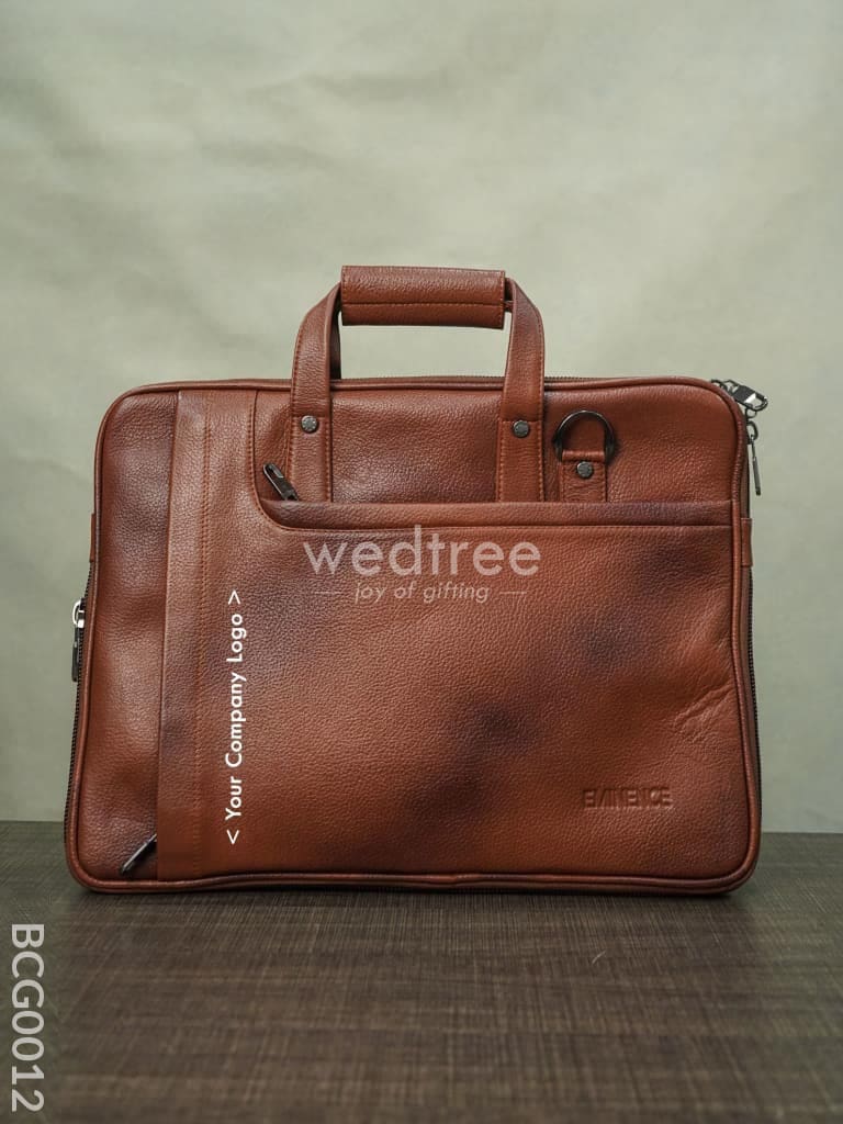 Laptop Bag In Leather With Expandable Sleek -Light Brown - Bcg0012 Branding