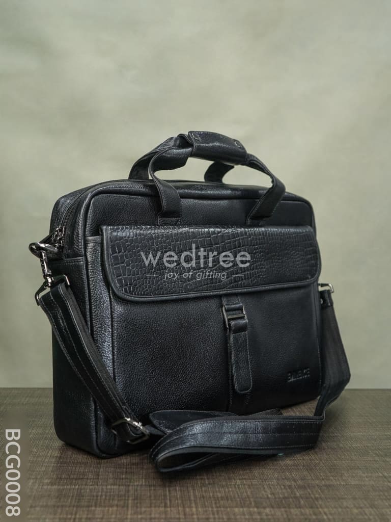 Laptop Bag In Leather With Gold Flap - Black Bcg0008 Branding