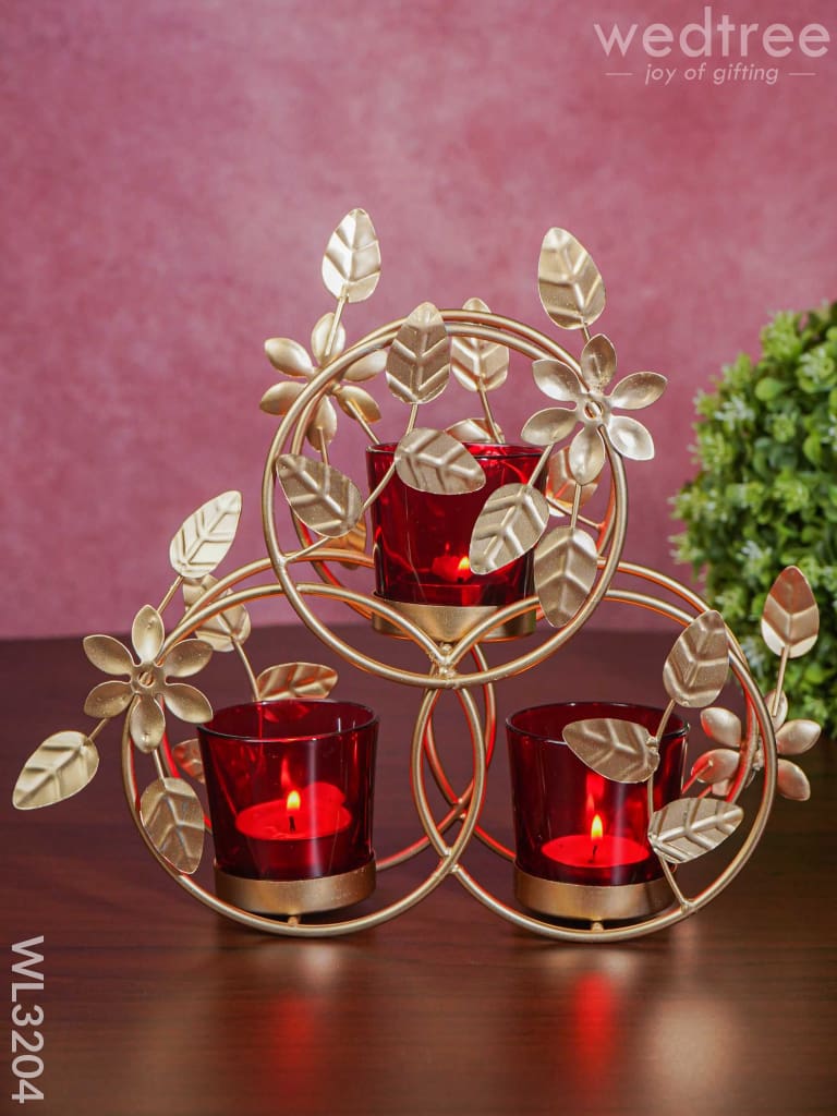 Leaves & Flowers Metal T Light Holder With A Radiating Red Glass - Wl3204 Candles And Votives