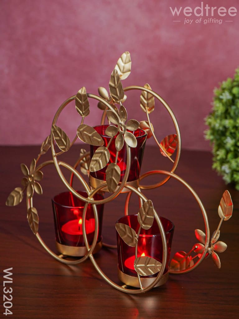 Leaves & Flowers Metal T Light Holder With A Radiating Red Glass - Wl3204 Candles And Votives