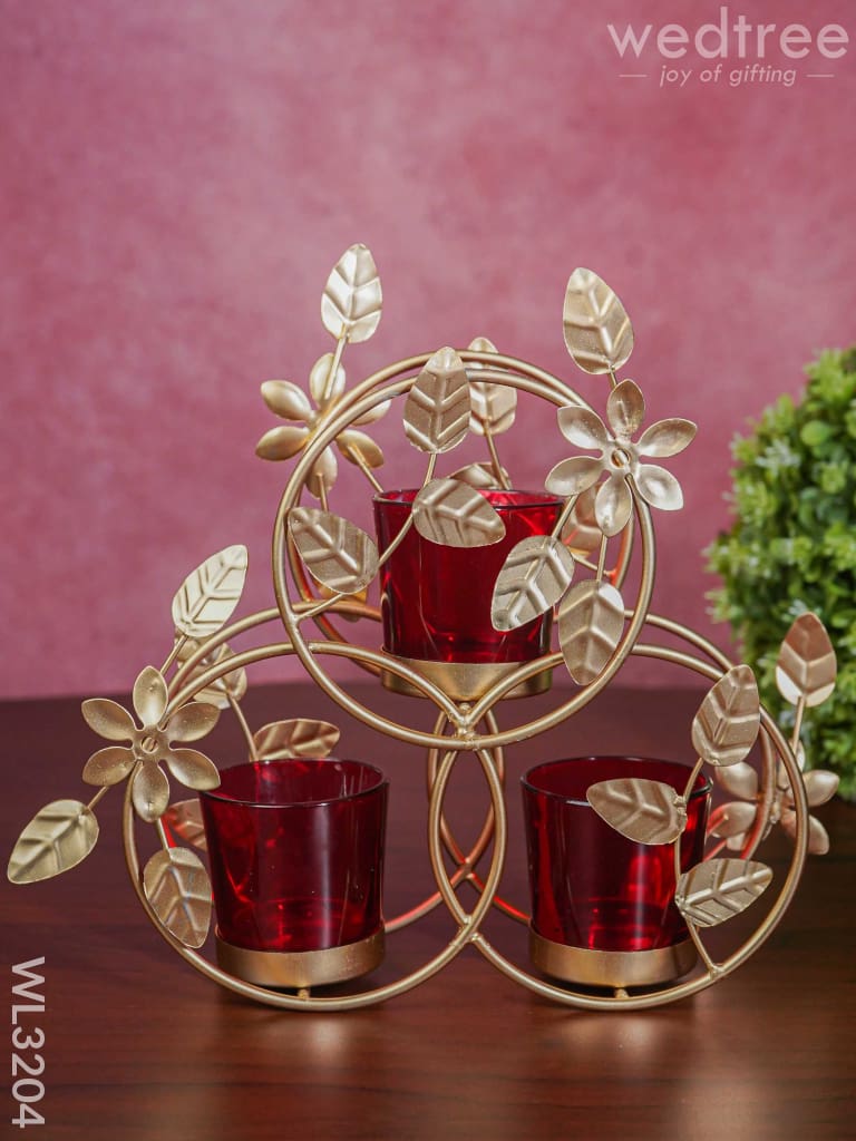 Leaves & Flowers Metal T Light Holder With A Radiating Red Glass - Wl3204 Candles And Votives