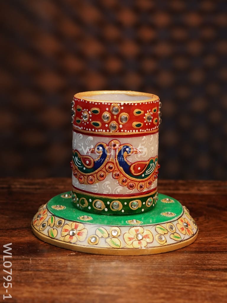 Marble Hand Painted Pen Stand With Round Base - Wl0795 Peacock On The Top Utilities