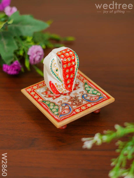 Marble - Hexagon Shaped Chowki With Peacock Design And Ganesh 4 Inch W2860 Divine Figurines