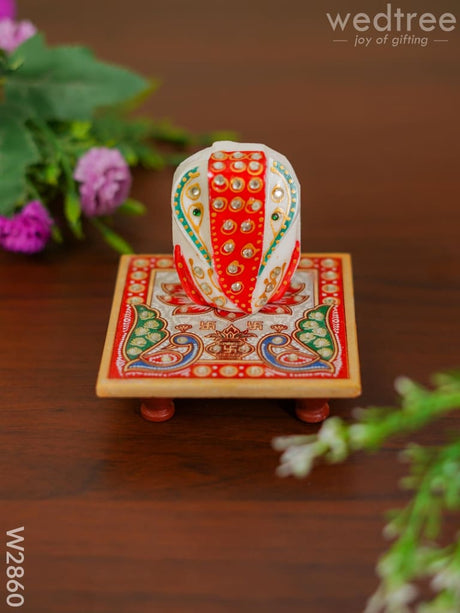 Marble - Hexagon Shaped Chowki With Peacock Design And Ganesh 4 Inch W2860 Divine Figurines