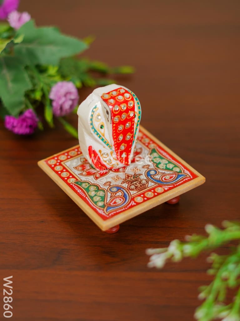 Marble - Hexagon Shaped Chowki With Peacock Design And Ganesh 4 Inch W2860 Divine Figurines