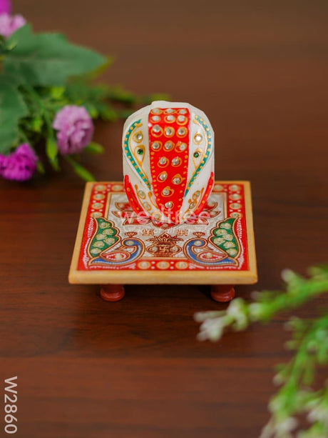 Marble - Hexagon Shaped Chowki With Peacock Design And Ganesh 4 Inch W2860 Divine Figurines